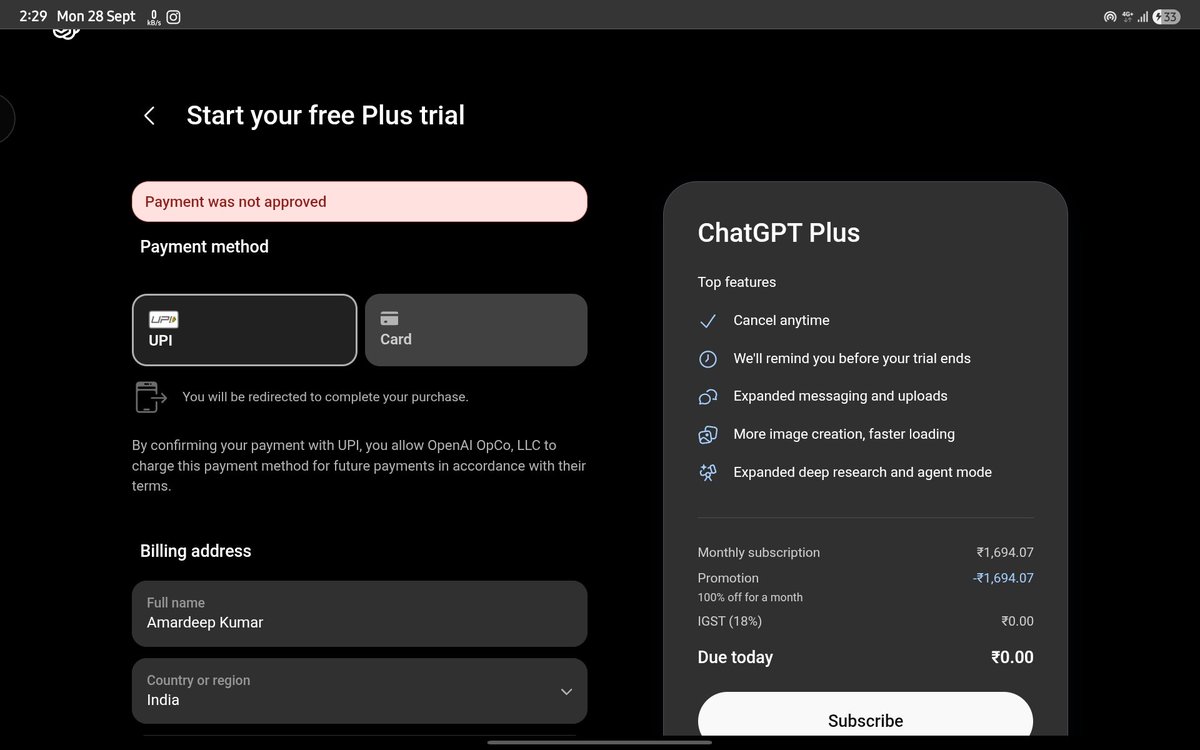 Amardeep3307's tweet photo. @OpenAI @ChatGPT  I'm in India trying to claim the 1-month free Plus trial. UPI payment fails every time with 'Payment was not approved' even though ₹0 is due — tried on multiple devices. I don't use cards, only UPI. Please fix UPI verification on the ₹0 trial checkout. https://t.co/g7qddNFhU4