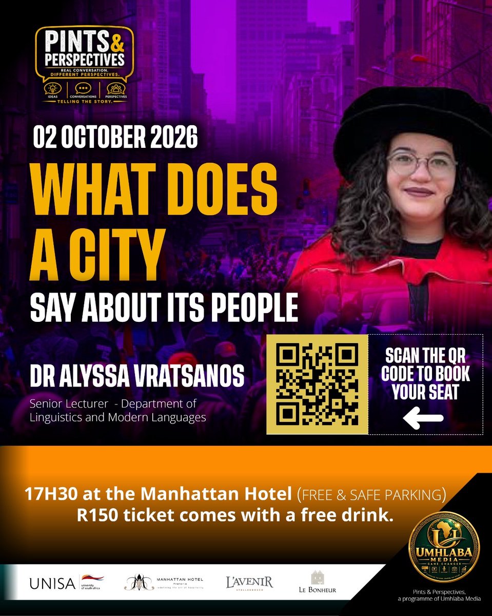 LinguisticUnisa's tweet photo. Dr Alyssa Vratsanos is presenting a public lecture as part of the Pints and Perspectives initiative this Friday at the Manhattan Hotel. All are welcome!

Tickets available here: https://t.co/6jxbTRrMUb https://t.co/lnrNG3rLdB