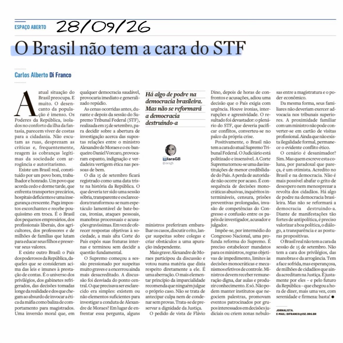 iaragb's tweet photo. O tribunal é puxadinho do PT‼️

Artigo critica duramente o tribunal, afirmando que a Corte se distanciou da sociedade, perdeu credibilidade e passou a exercer influência excessiva sobre a vida política do país. https://t.co/p5AYf5SgkZ