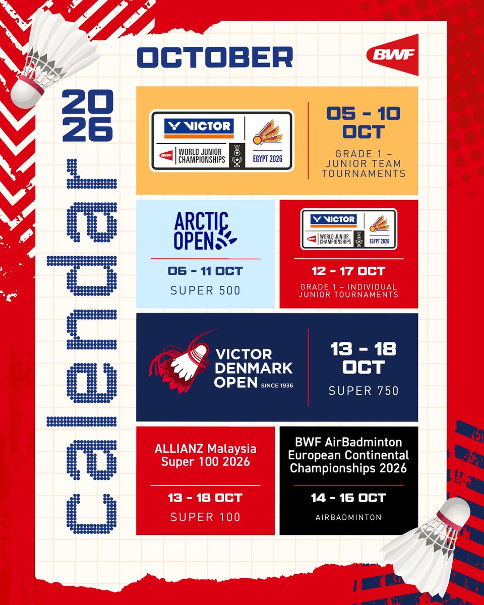 bwfmedia's tweet photo. Lots of #badminton action this month. 🏸🤩

🗓️ Full calendar 👉 https://t.co/iOW4GERMex
📱 Stay updated 👉 https://t.co/oouqhBRGN3 https://t.co/bA1MH9wDCK