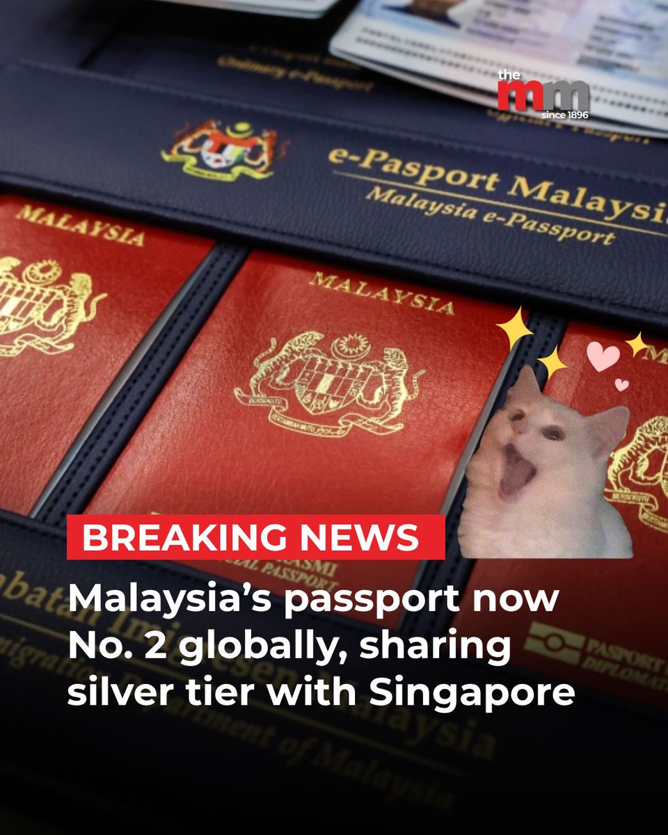 malaymail's tweet photo. The Malaysian passport is now ranked second globally in The Passport Index Global Ranking 2026, rising from third last year.

The Immigration Department said in a social media post that this achievement reflects the strength and international acceptance of the Malaysian passport.

“Based on the ranking, Malaysian passport holders have access to 175 destinations, comprising 129 visa-free destinations and 46 destinations with visa-on-arrival, while 23 destinations require a visa,” according to the post.

Based on data from https://t.co/7yBTM6ysLo, the United Arab Emirates (UAE) passport holds the top spot in the Passport Power Rank, followed by Singapore and Malaysia in second place.