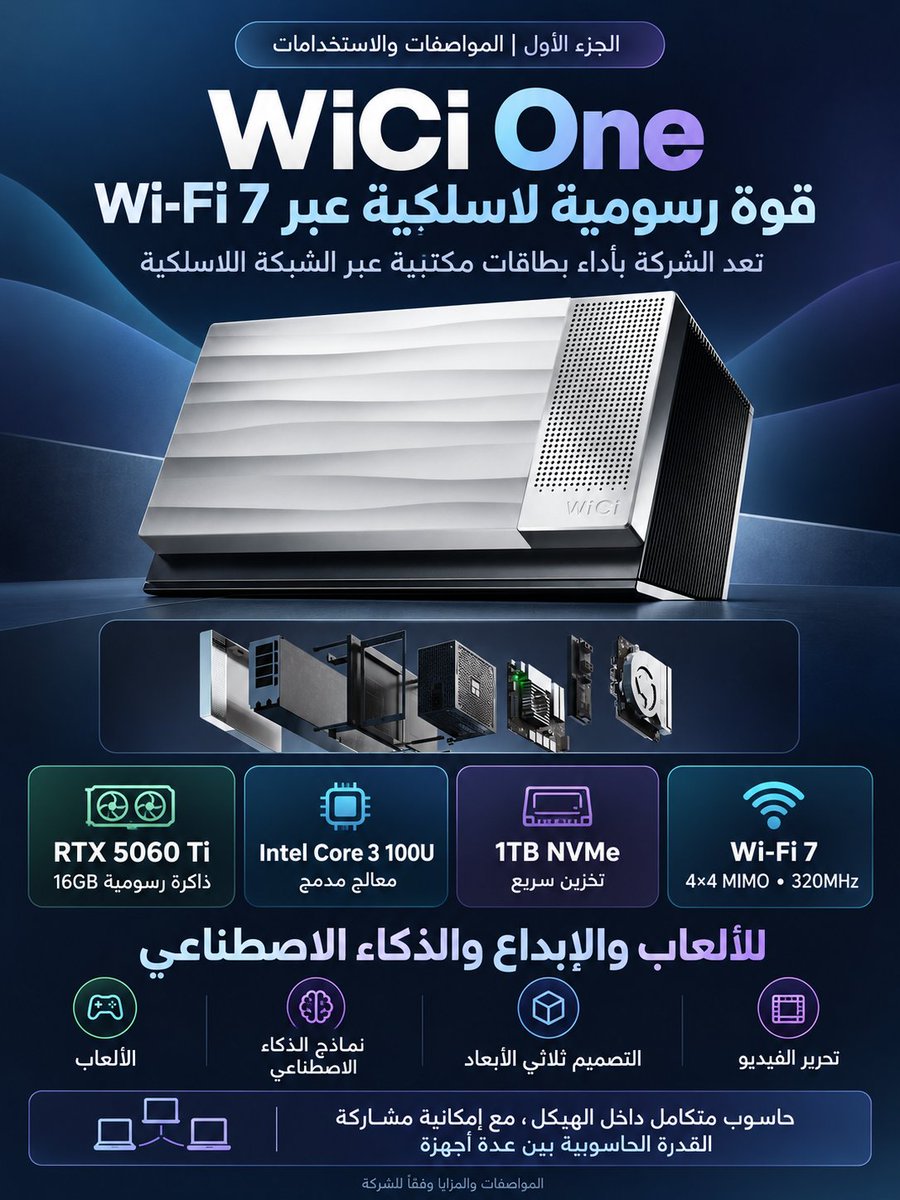 drbeel_techno's tweet photo. #WiCi 
جهاز #WiCiOne يعد بتوفير قوة رسومية لاسلكية عبر Wi-Fi 7:
- بطاقة RTX 5060 Ti بذاكرة 16GB وتخزين 1TB
- للألعاب والذكاء الاصطناعي والمونتاج مع مشاركة القوة بين عدة أجهزة
- أداء معلن: 80 إطارًا في Cyberpunk بدقة 4K مع DLSS 4
- الأداء الفعلي يعتمد على الشبكة والأرقام غير مختبرة مستقلًا
- نسخة RTX 5090 قيد التطوير
- السعر المبكر 1999 دولارًا، ثم 2599 دولارًا
- الشحن متوقع في الربع الرابع وفقًا للشركة