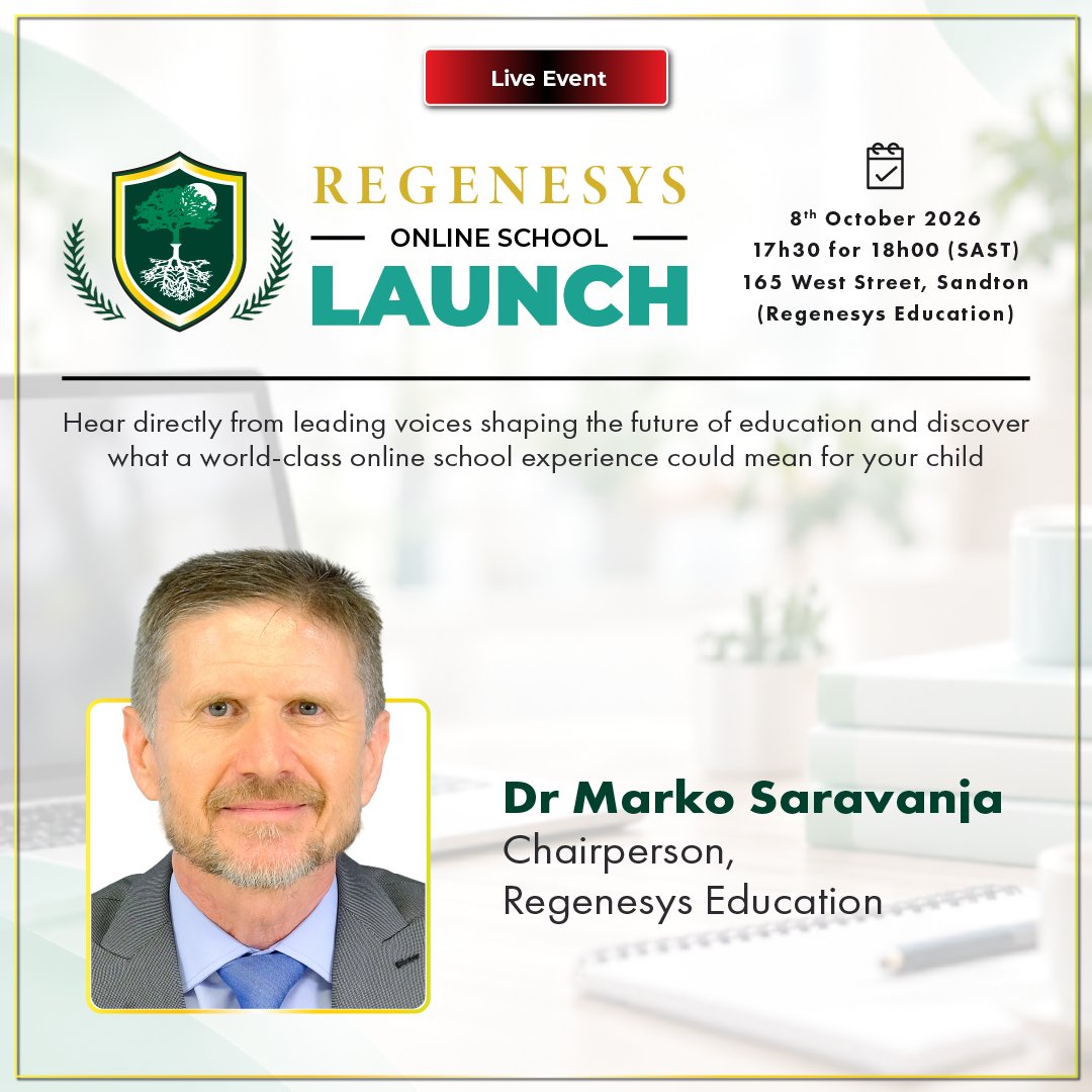 RegenesysOnline's tweet photo. Meet the voices shaping the future of education.

Join us for the launch of Regenesys Online School and discover a new approach to learning through Education Without Boundaries.

8 October 2026
17h30 for 18h00 SAST
165 West Street, Sandton https://t.co/pxDdf3Sh4b