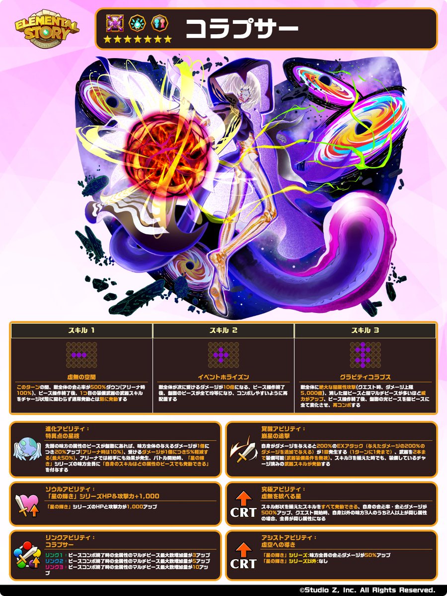 elementalstory's tweet photo. ＼ #エレスト 新モンスター情報！／

「★7 コラプサー」の性能を公開🌌

会心率＆会心ダメージが500%アップすることができるアタッカー！

さらに「星の導き」シリーズの味方は全属性でスキルが発動できるようになる！ https://t.co/dIJ0cpTwBr