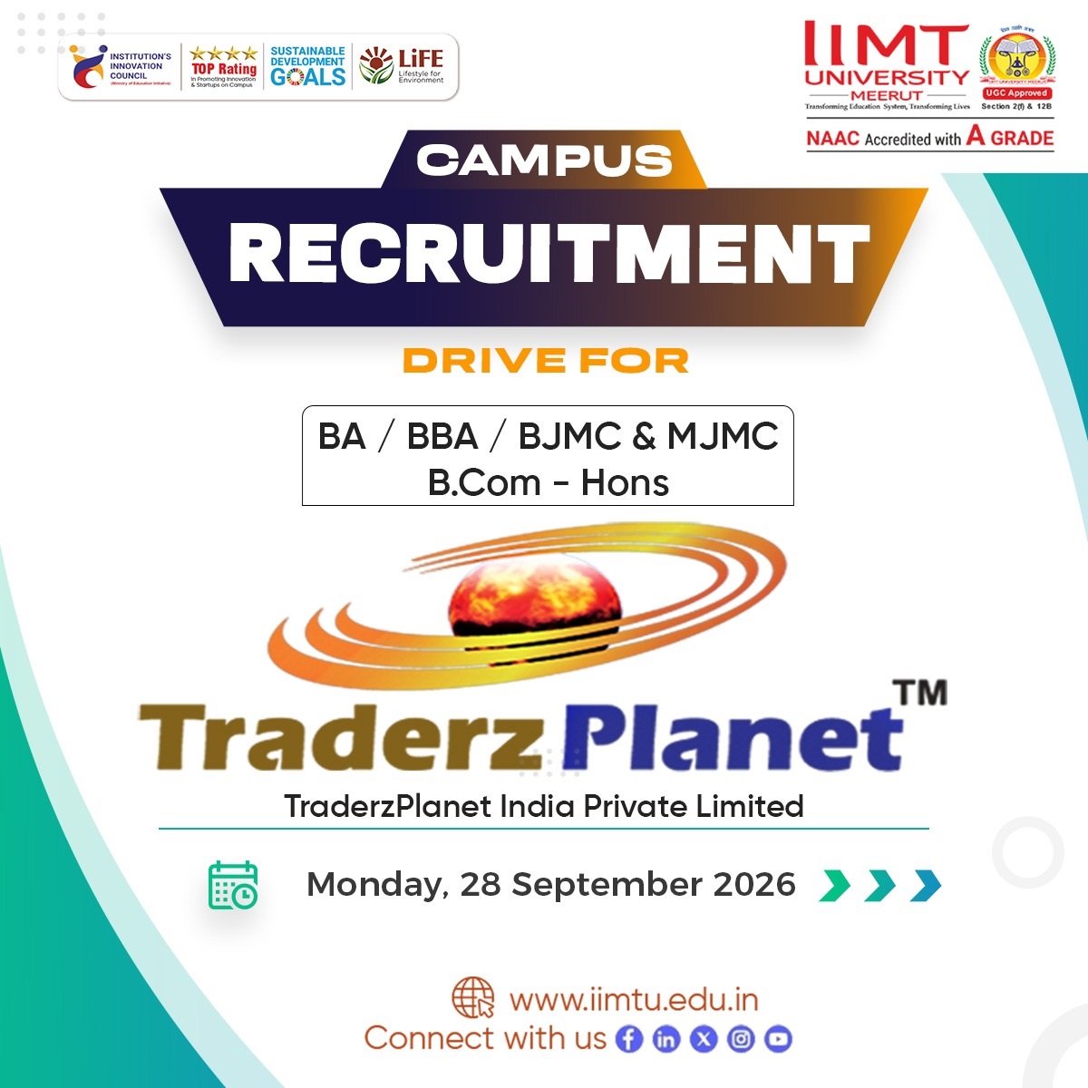 IIMT_U's tweet photo. πΌ Campus Recruitment Drive at IIMT University! π
TraderzPlanet India Pvt. Ltd. is hiring students from B.A., BBA, BJMC, MJMC & BCom (Hons). π
π
Monday, 28th September 2026 |
#IIMTUniversity #CampusRecruitment #TraderzPlanet #PlacementDrive #CareerReady https://t.co/vZsKg6vgPg
