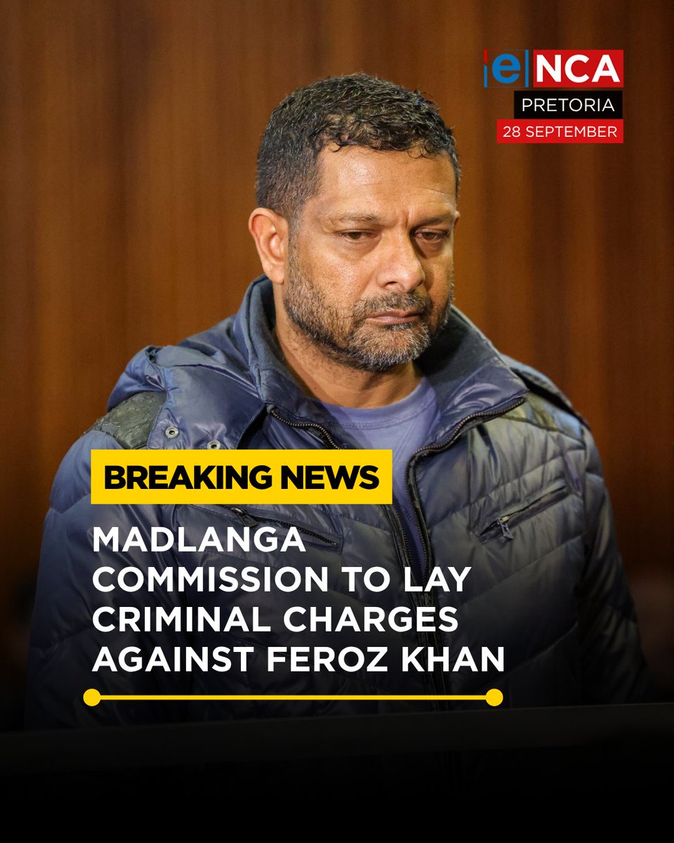 eNCA's tweet photo. [BREAKING] The Madlanga Commission will lay criminal charges against Feroz Khan for disregarding a subpoena to testify. Tune in to #eNCA on #DStv403 for the latest updates. https://t.co/SThcN9wGT1