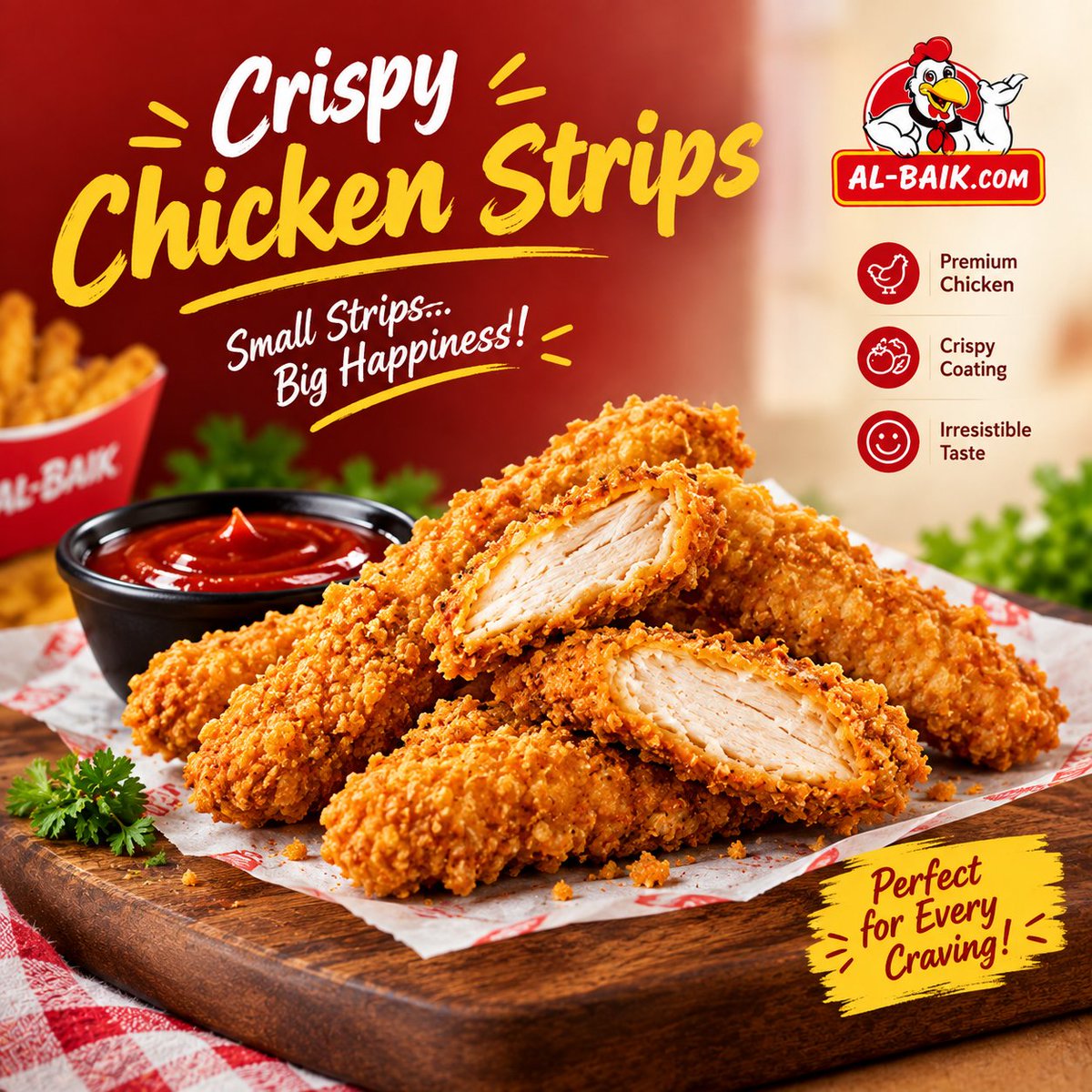albaiks786's tweet photo. 🍗🔥 Crispy. Juicy. Irresistible.
One bite of our Chicken Strips and you'll be coming back for more! 🤤❤️
Small strips. Big happiness!
#ChickenStrips #AlBaik #AlBaikIndia #CrispyChicken #ChickenLovers #Foodie #FoodCravings #FastFood https://t.co/VzhkIum7jh