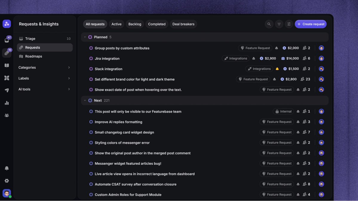 FeaturebaseHQ's tweet photo. Introducing: Feedback 2.0 ✨

Feedback from your support conversations, public portal, and customer calls is now automatically organized and connected.

See what customers need, who's asking &amp; the evidence behind it, all in one place.

Here's what's new 👇 https://t.co/RtVNZXgN4i
