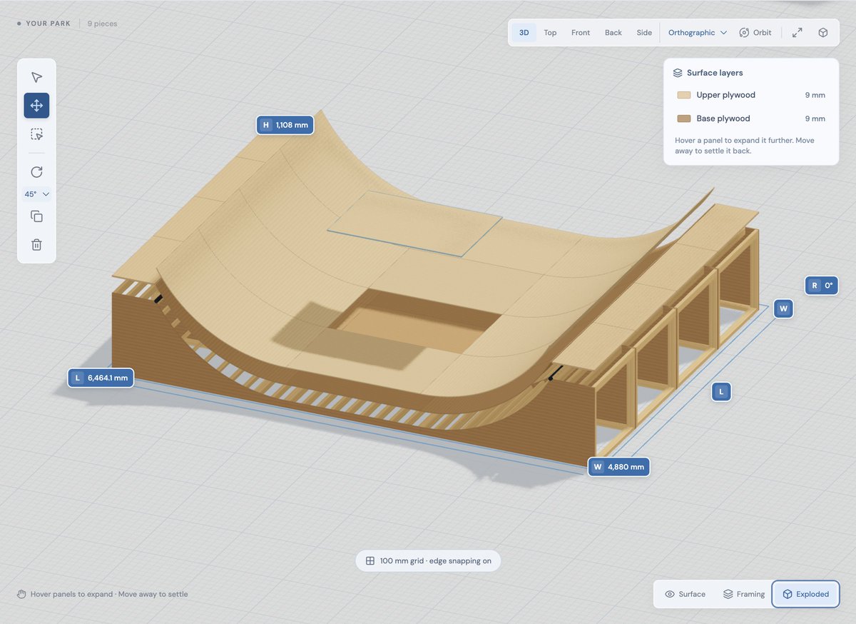 Exploded view of a nine-piece mini-ramp, with dimensions, plywood layers and edge snapping visible in the editor.