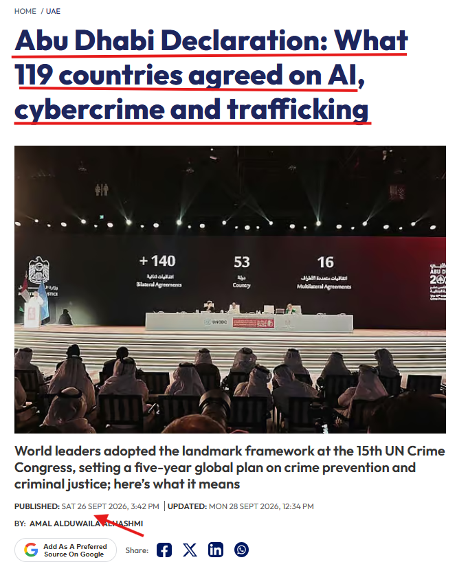 TheDebriefing17's tweet photo. 🤔The country that was the switchboard just hosted the blueprint for taking it apart.

This week, 119 nations gathered in Abu Dhabi and adopted the Abu Dhabi Declaration a five-year global roadmap for crime prevention and criminal justice. Adopted by acclamation. More than 40 ministers of justice in the room. The largest gathering of criminal justice policymakers on earth.

Abu Dhabi. The United Arab Emirates.

The same UAE where Golden Global Bank was designated for converting Iranian oil revenues to cash and gold for the Revolutionary Guard. The same UAE where Spain dismantled the Banca de Dubái a $2 billion crypto narcobank routing European cocaine money. The same UAE where Saudi Arabia's central bank secretly flagged bank transfers as high-risk. The same UAE that extradited Daniel Kinahan one of Europe's most wanted drug lords. The same UAE that arrested a Swedish money laundering fugitive linked to contract killings and handed evidence to INTERPOL.

That country just hosted 119 nations agreeing on how to fight crime for the next five years.

Here's what they committed to.

The Declaration has four pillars: prevention and resilience, justice and the rule of law, countering evolving crime threats, and international cooperation and innovation.

Under those pillars, 119 countries agreed to dismantle scam centers. The same scam centers this framework has been tracking Xinbi, which processed $36 billion. Huione, which was designated and dismantled in Operation Riptide. The compounds in Cambodia, Myanmar, Laos, and Madagascar where trafficked workers are forced to run online fraud operations. A sitting Cambodian senator was designated by U.S. Treasury this month for operating one. The Abu Dhabi Declaration now gives 119 nations the mandate to go after the rest.

They agreed to intensify cross-border cooperation on money laundering, terrorism financing, and asset recovery. The same cooperation that produced the INTERPOL Americas Conference 27 nations with binding AML commitments in Guyana two days before this congress opened.

They agreed to promote the responsible use of artificial intelligence in criminal justice while confronting criminals who use AI for cybercrime, fraud, trafficking, and terrorism financing. The same week the U.S. and China formalized the USA China AI Dialogues with a crisis hotline and a meeting scheduled in Shenzhen.

They agreed to consider treating crimes that harm the environment as serious crimes prosecutable under the same frameworks used against transnational organized crime. That means illegal logging, wildlife trafficking, and pollution can now trigger the same asset-seizure and money-laundering machinery as drug trafficking or sanctions evasion.

And they launched Pledge4Justice where individual countries make specific, time-bound commitments that will be tracked and published on the UNODC website through 2031. Not a statement of principles. An accountability mechanism. Public. Measurable. Five years.

The 16th congress will be hosted by Uzbekistan in 2031.

Now step back.

In one month:

27 nations sat in a room in Guyana and adopted binding AML enforcement commitments across the Western Hemisphere.

119 nations sat in a room in Abu Dhabi and adopted a five-year global anti-crime blueprint covering AI, scam centers, money laundering, terrorism financing, asset recovery, and environmental crime.

The U.S. and China formalized an AI governance framework with a hotline and a follow-up meeting in Shenzhen.

The U.S. and Russia met at the Kremlin with the acting head of OFAC in the room.

A U.S. Attorney flew to Guatemala with FBI, HSI, and DEA to formalize joint cartel prosecution.

Turkey revoked Iran's 44-year banking pipeline and started prosecuting its own ruling party for financial manipulation.

The UAE extradited drug lords, arrested fugitives, shared evidence with European police, and then hosted 119 nations to write the rules for doing it everywhere.

One month. Every continent. Every corridor. Every level from a grocery store in Detroit to the United Nations in Abu Dhabi.

The switchboard didn't just clean itself. It became the venue.

I am the guy on the couch, and you have been debriefed.