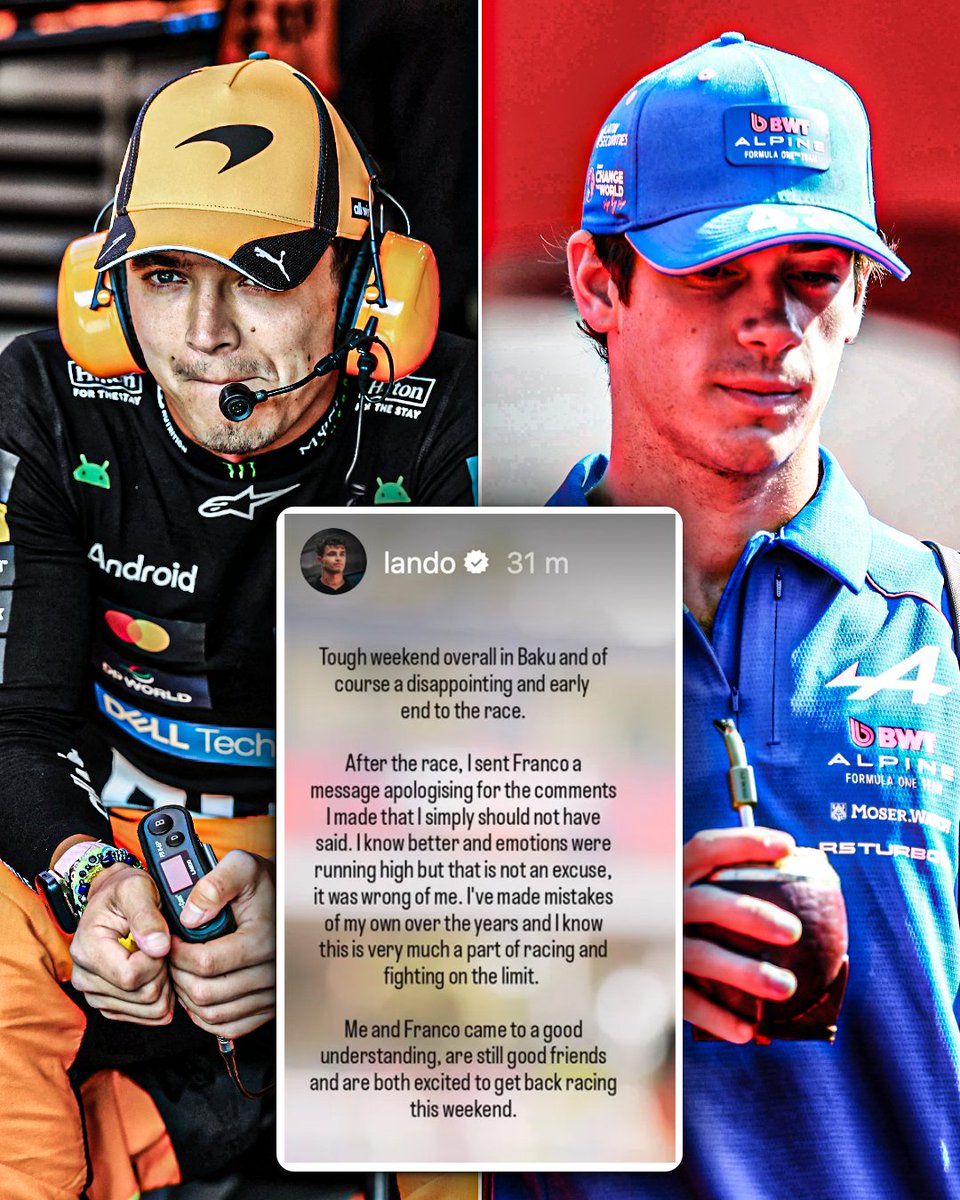 ESPNF1's tweet photo. Lando Norris on Instagram saying he has apologised to Franco Colapinto 🤝 https://t.co/HH9VQSGhml