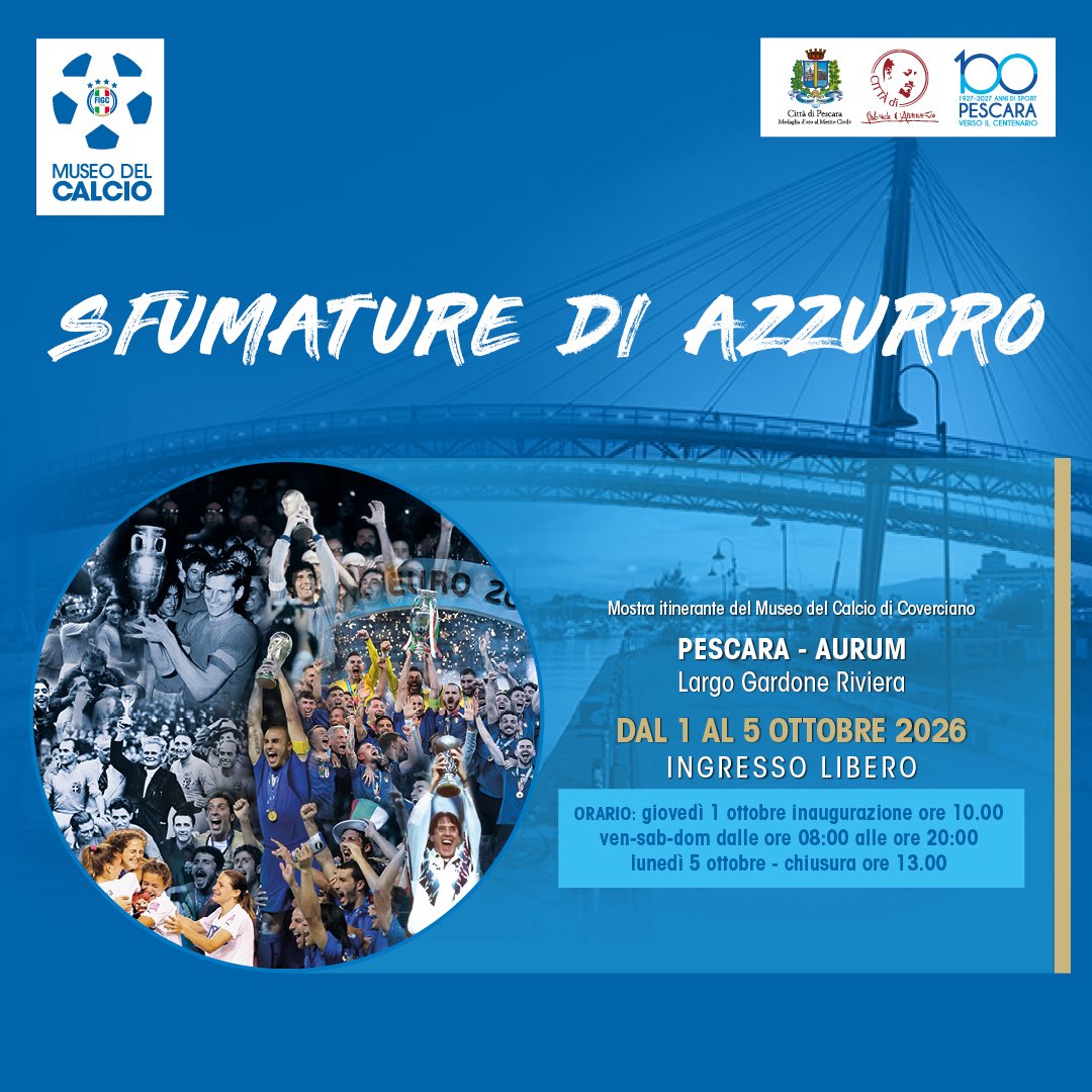FIGC's tweet photo. 𝒮𝒻𝓊𝓂𝒶𝓉𝓊𝓇ℯ 𝒹𝒾 𝒜𝓏𝓏𝓊𝓇𝓇ℴ 🇮🇹💙

📣 In occasione di Italia-Polonia, ultima gara di qualificazione all’Europeo della Nazionale U21, il centro polifunzionale Aurum di #Pescara ospiterà la nostra mostra itinerante

➡️ https://t.co/m1Jzsn0ueR
 
#FIGC https://t.co/bRgptSfI4u