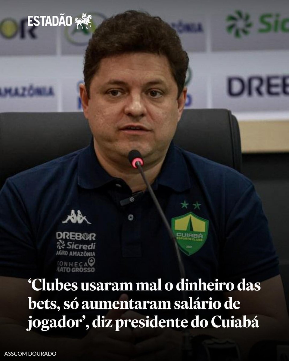 Estadao's tweet photo. ‘Clubes usaram mal o dinheiro das bets, só aumentaram salário de jogador’, diz presidente do Cuiabá | Cristiano Dresch preferiu manter o time mato-grossense sem patrocinador master a aceitar propostas de casas de apostas: ‘Viciam a pessoa e destroem as ... https://t.co/1I86q8r1yS https://t.co/FcG7mA0pt5