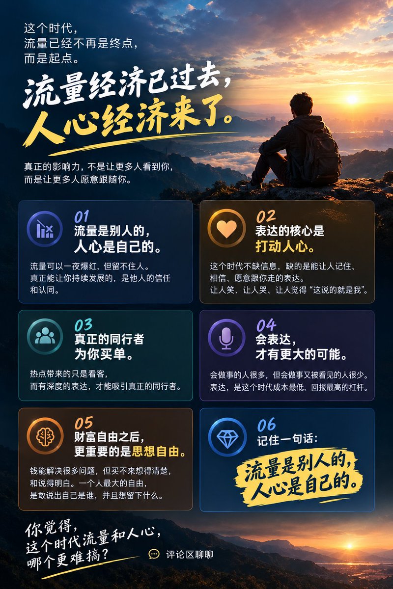 xfutureagi's tweet photo. 流量经济正在退场，人心经济正式登场。
表达的本质，从来不是传递信息，而是打动人心。
坐拥两百万粉丝，也可能分文不赚 —— 靠话题火起来的流量，留不住人心。
真正厉害的人，都是靠表达在这个时代立足的。
财富自由之后，更值得追求的是思想自由。