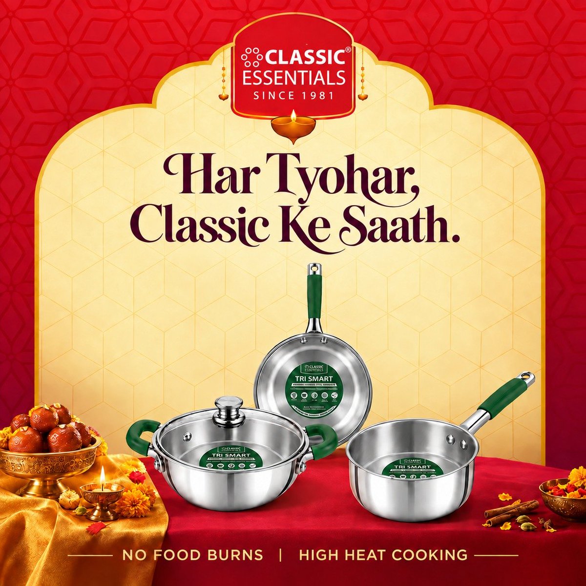ClassicEsshnlt's tweet photo. Celebrate the joy of tradition and the warmth of togetherness with Classic Essentials! 🪔✨ This festive season, make every meal special with our premium Tri Smart cookware, designed for no food burns and high-heat cooking. 
https://t.co/tfSbPBOeVY https://t.co/Lu8WjPhq01