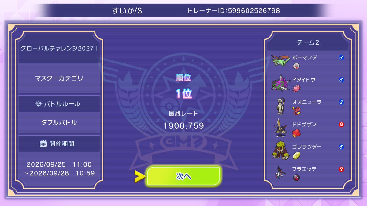 mihono_suica's tweet photo. グローバルチャレンジ1位!
詳しい内容は@pokeu_tan さんが記事を公開する予定なので良かったら読んでください。強い構築でした！ https://t.co/zR3h0Qlek8