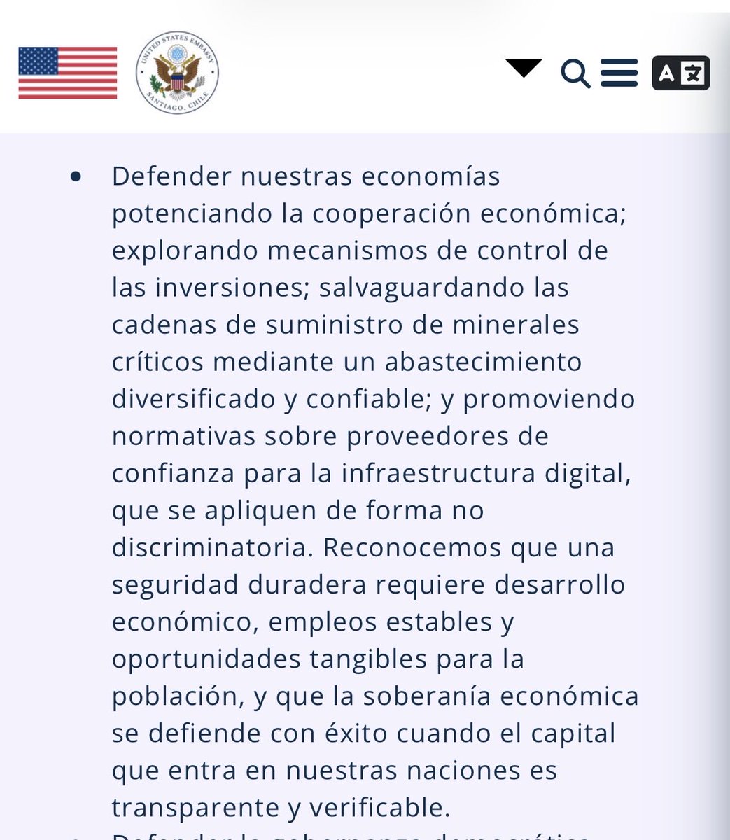 profeclaudio_cl's tweet photo. Aquí les dejo copia en español de la declaración del Escudo de las Américas. Plantea 3 principios. 
Al final de este hilo, link. 

Principios
1. Defender las economías potenciando coop económica y que incluye control inversiones, minerales críticos y proveedores https://t.co/I7pYwqIxYf
