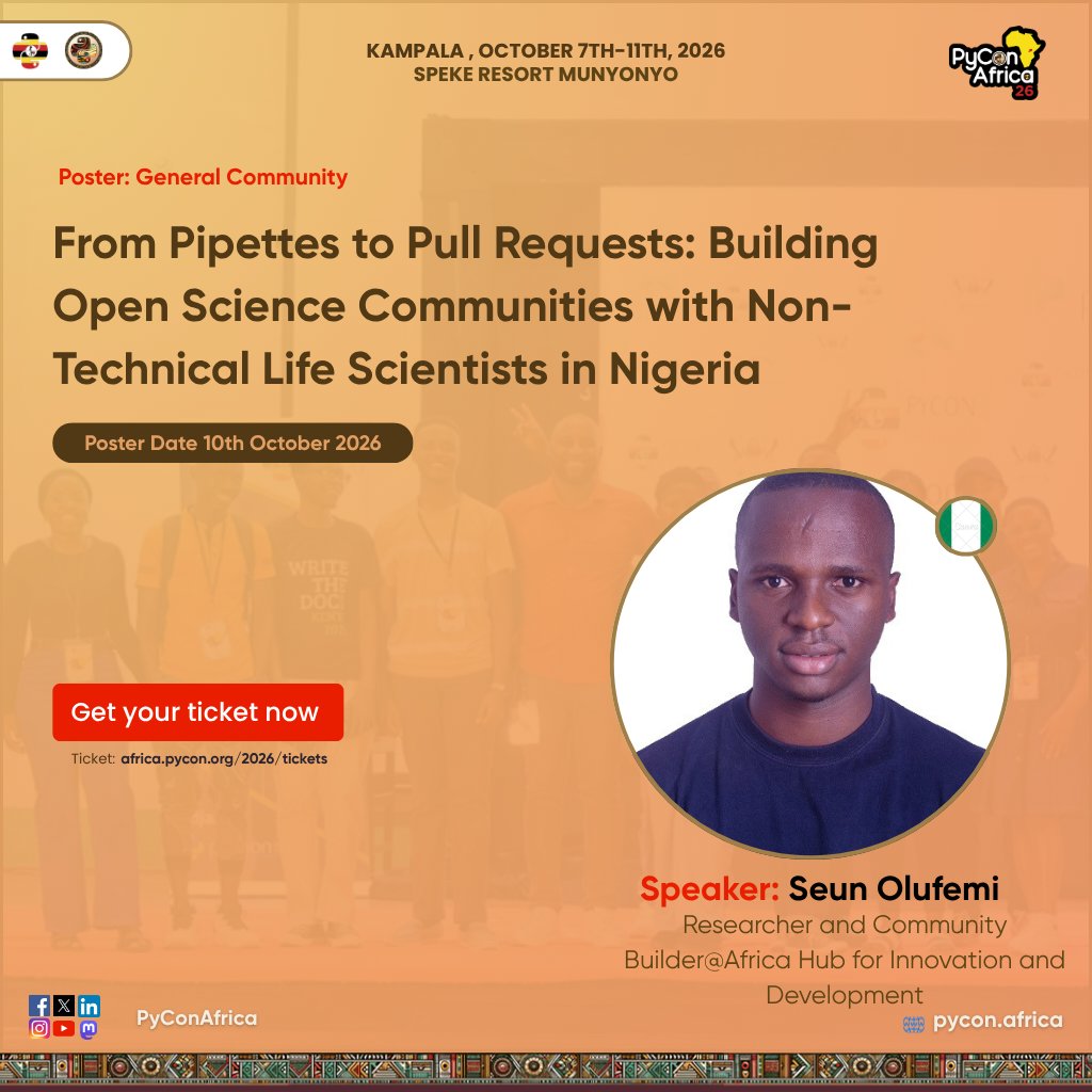 pyconafrica's tweet photo. Poster: Seun Olufemi (Researcher &amp; Community Builder @ Africa Hub for Innovation and Development)

"From Pipettes to Pull Requests: Building Open Science Communities with Non-Technical Life Scientists in Nigeria"

🗓️ 10 Oct 2026
📍 Speke Resort Munyonyo, Kampala

#PyConAfrica https://t.co/2aJey5X2SY