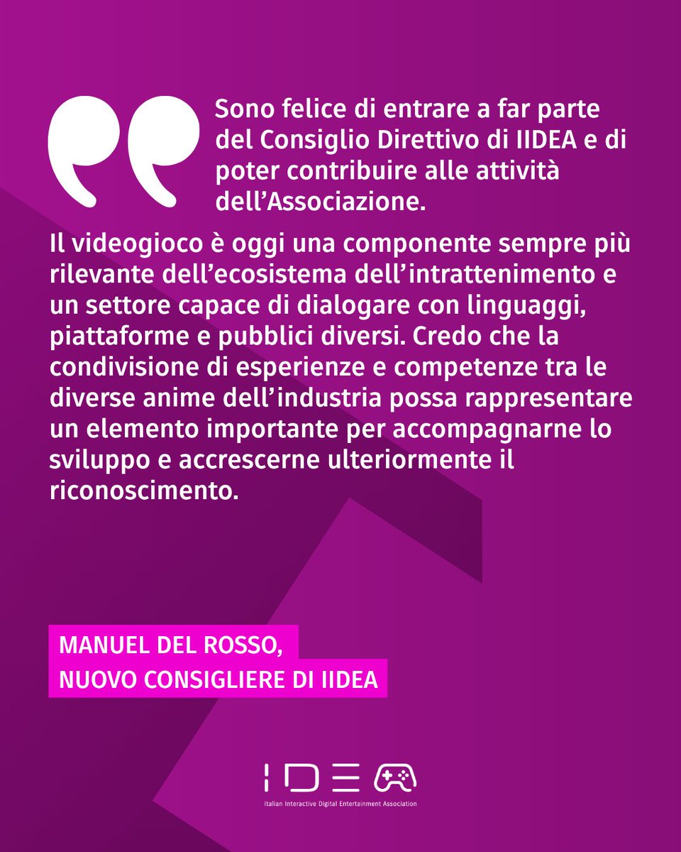 IIDEAssociation's tweet photo. Nuove nomine nel Consiglio Direttivo di IIDEA
Annunciamo la nomina di #PierLuigiParnofiello a Consigliere e Vicepresidente e di #ManuelDelRosso a Consigliere dell’Associazione.

#IIDEA #Videogiochi #GamingIndustry #Esports #Entertainment https://t.co/UmiQbtIDgK