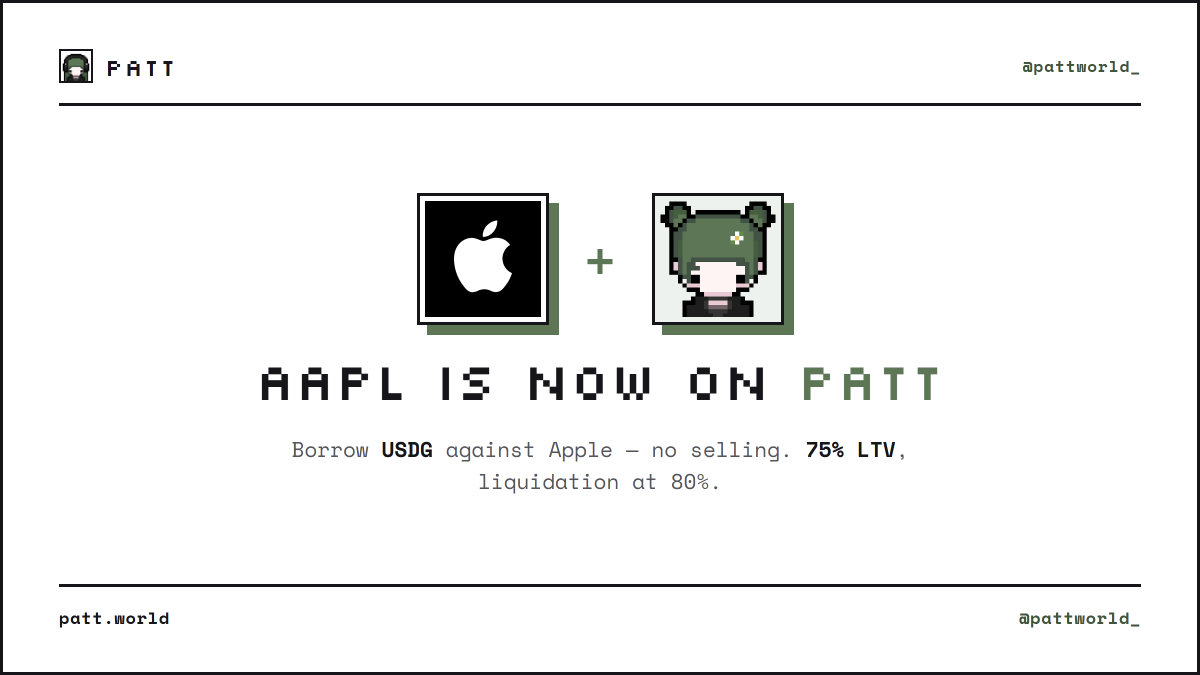 pattworld_'s tweet photo. AAPL is live on patt.

Deposit Apple stock and borrow USDG against it — no selling.

75% LTV · liquidation at 80% · 3.5% APR · Robinhood Chain

https://t.co/gedjw6nP7l https://t.co/BFSL6kSAZY