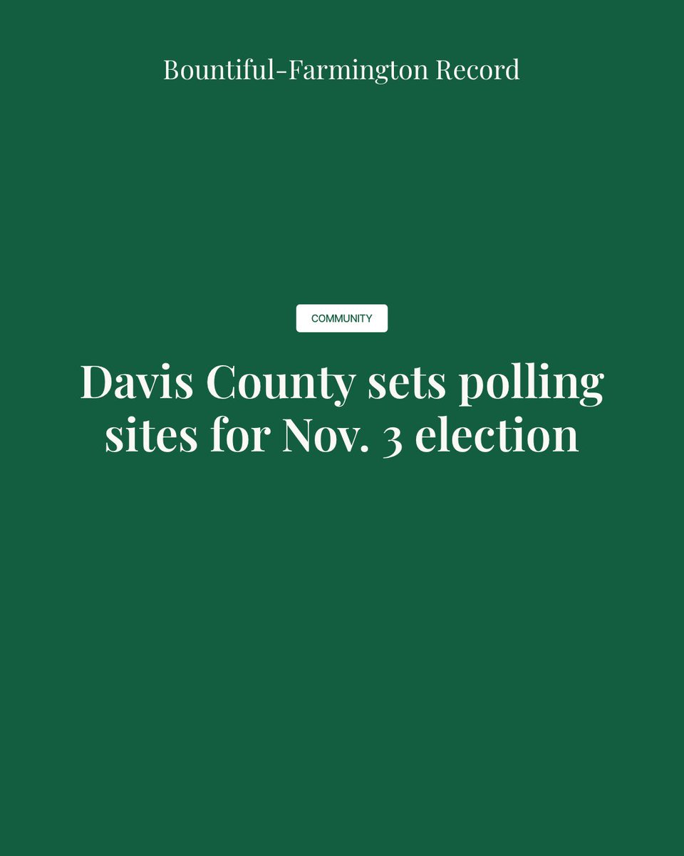 WasatchRegional's tweet photo. Voters in Bountiful, Woods Cross, North Salt Lake and Farmington each have one polling site and a drive-thru drop box for the Nov. 3 election. Early voting runs Oct. 27-30.

Read more: https://t.co/Jhi3eNfHjW 

#DavisCountyUtah https://t.co/E2jBfV4yQZ