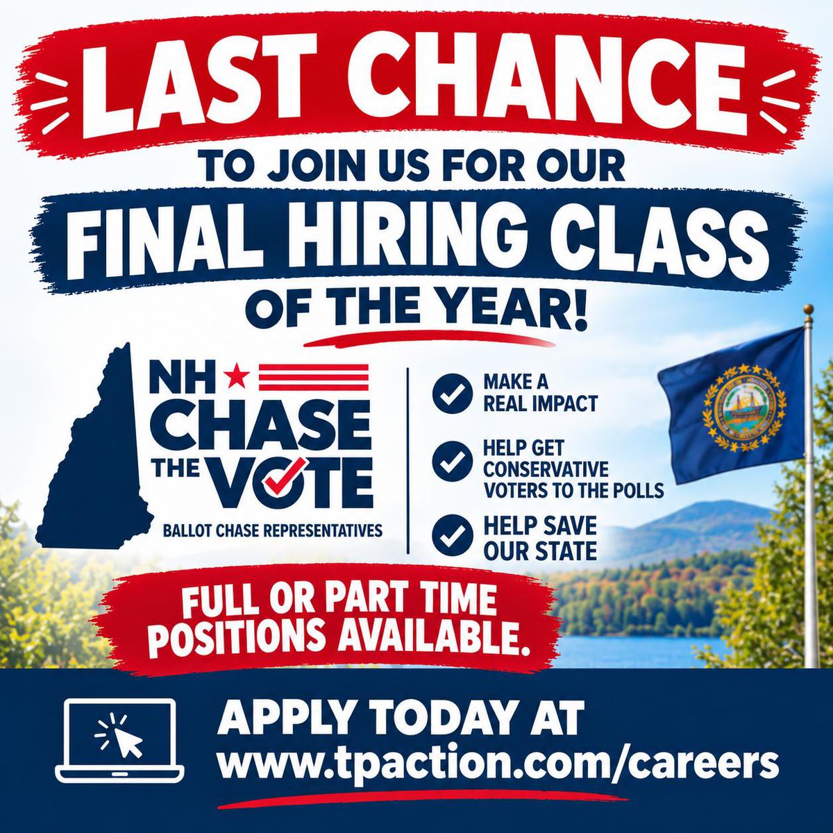 JillianS807's tweet photo. ‼️🚨FINAL NH CTV CLASS🚨‼️

Be a part of history and join the @TPAction Chase the Vote team.

Hiring Full-Time &amp; Part-Time 
Throughout NH

We will shock the world!! 🇺🇸🧱

The time is NOW! 

Join at https://t.co/kaVs6aMEsK https://t.co/J7dsHsH3Xb