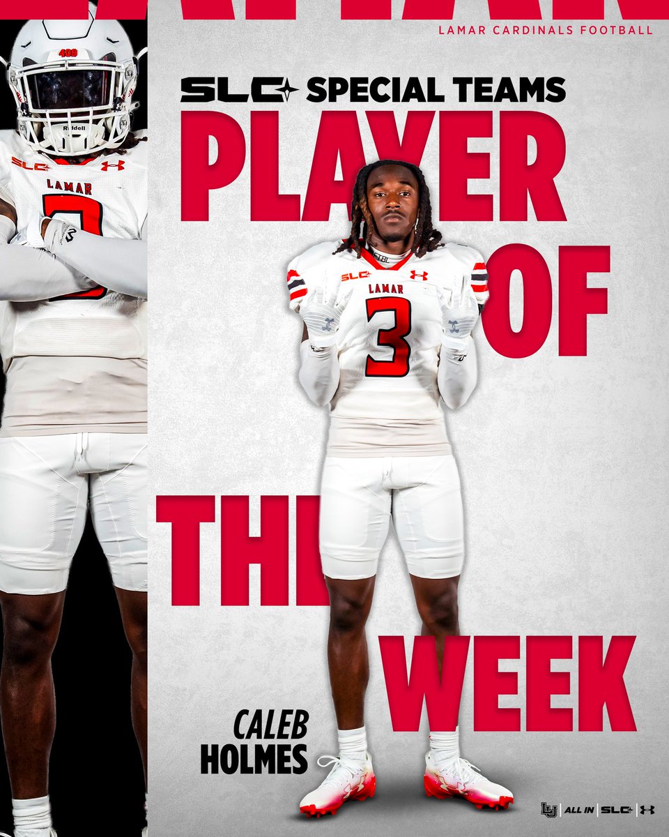 LamarFootball's tweet photo. House Call (Caleb) Holmes earns SLC Special Teams Player of the Week‼️

#ALLIN | #PeckEmCards https://t.co/YKiQaJWVOI