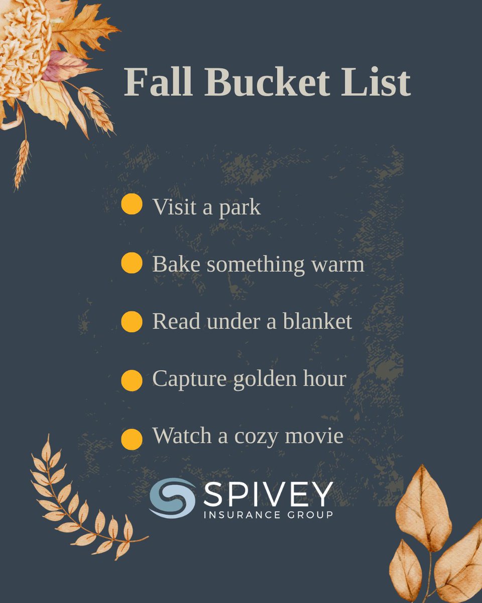SpiveyInsurance's tweet photo. September means it’s time to plan out some fun autumn memories! Check out some of these fall bucket list for the year. Enjoy the fall season! #fall #spiveyteam #fallbucketlist https://t.co/LicMRDNEBH