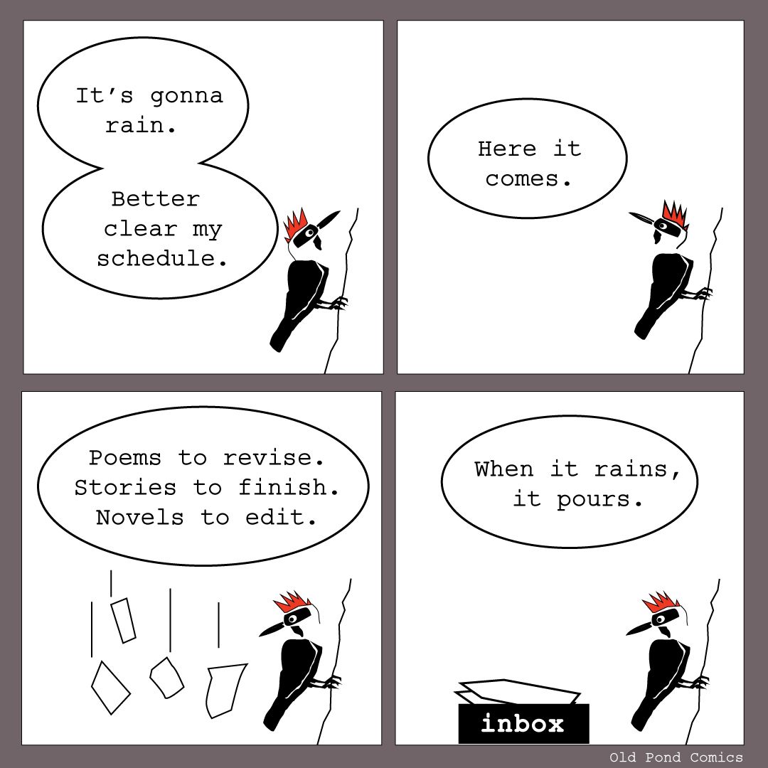 oldpondcomics's tweet photo. It's gonna rain.
#editors #writerslife #inbox #woodpecker #workload https://t.co/0kje2Pu58V