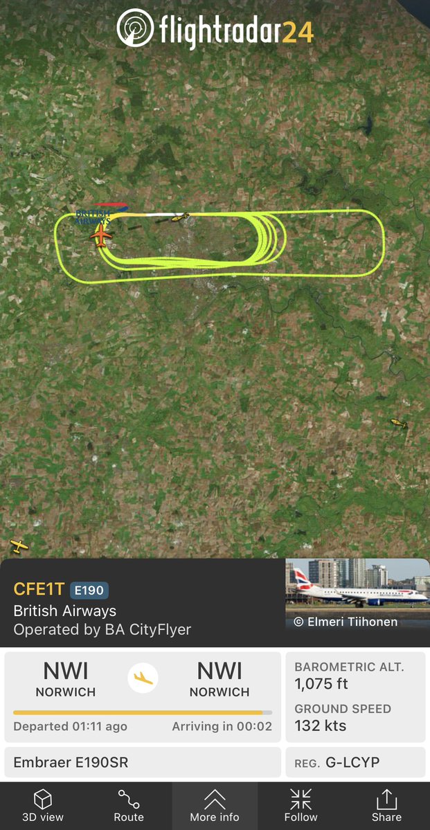 flightradar24's tweet photo. More than 2,000 people tracking this BA City Flyer E190 on a training flight. How many circuits will they do? https://t.co/GBjP5FeV7H https://t.co/YZN0Y1F6Q3