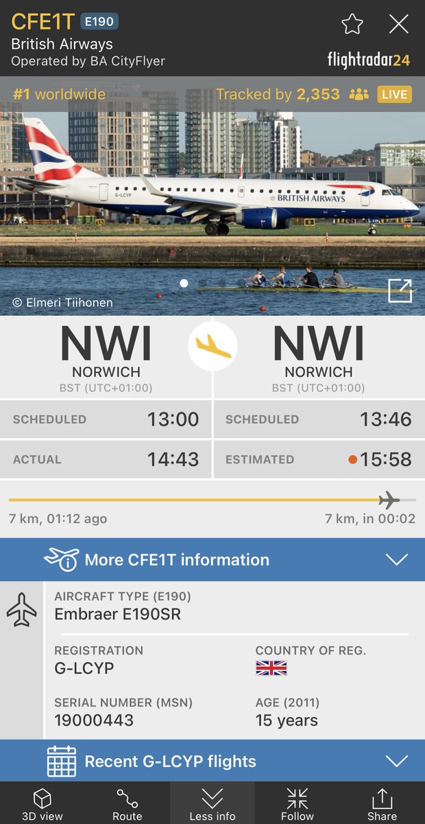 flightradar24's tweet photo. More than 2,000 people tracking this BA City Flyer E190 on a training flight. How many circuits will they do? https://t.co/GBjP5FeV7H https://t.co/YZN0Y1F6Q3