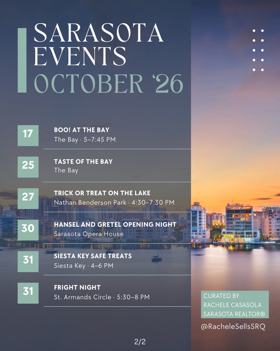 RacheleSellsSRQ's tweet photo. October in Sarasota 🍂

12 local events, from fall festivals to Halloween fun. Check both pages and save them for later!

Questions about Sarasota real estate? I’m happy to help. 💙

#Sarasota #SarasotaRealEstate #localevents https://t.co/qQo0NfH3LO