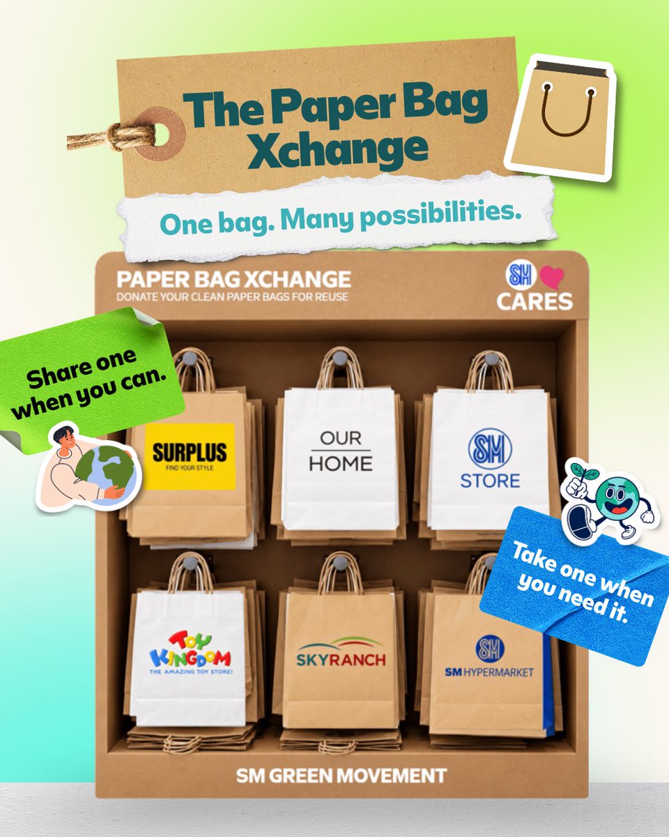 OfficialSMCares's tweet photo. 🛍️ That paper bag still has another shopping trip left in it. Donate or take a bag at the #SMPaperBagXchange.

📍SM Mall of Asia, Main Mall L2 Entrance, near Gyukatsu Kyoto Katsugyu

Small acts of recycling can help build an #SMWasteFreeFuture 💚

#SMCares #EmpoweringCommunities https://t.co/2IeVKyNn7b