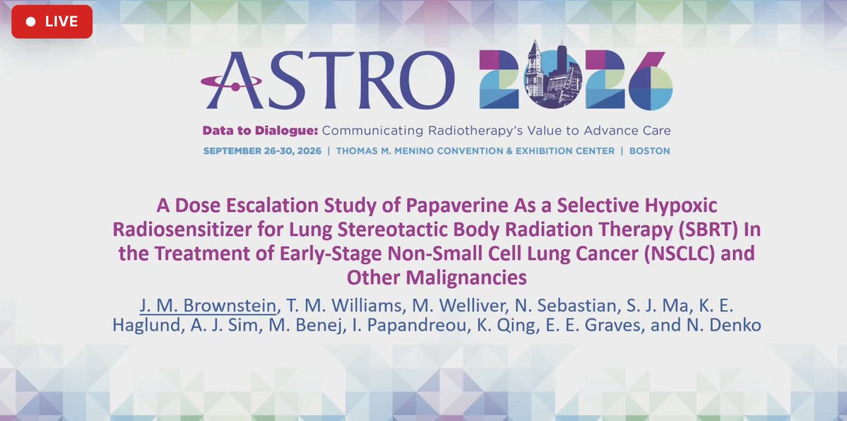 DrewMoghanaki's tweet photo. New clinical trial data from Jeremy Brownstein evaluating a hypoxic radiosensitizer in combination with lung SBRT. #ASTRO26 1/ https://t.co/P30Nj4JsOf