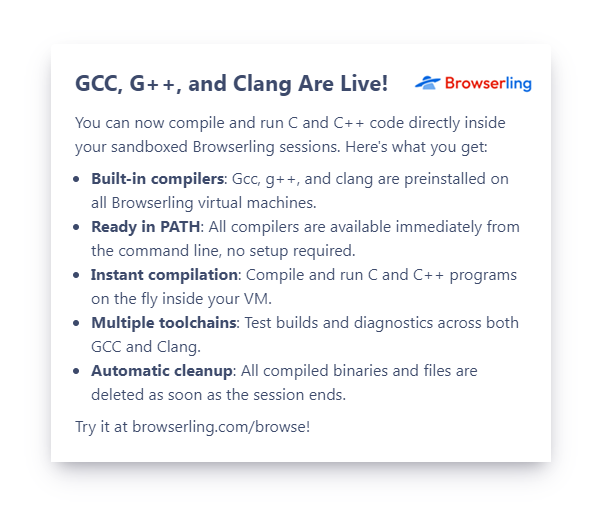 browserling's tweet photo. We just added gcc, g++, and clang to all VMs. You can now compile and run C and C++ code directly inside our sandboxed VMs. Try it now at https://t.co/6gcZeMdq5d! https://t.co/QNNux6mJ33