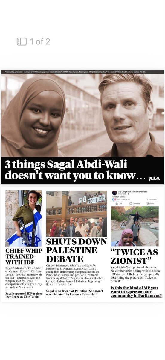 andrewfeinstein's tweet photo. IDF-trained Izzy Lenga is very close to the Labour candidate in Holborn &amp; St. Pancras Sagal Abdi-Wali. Her Chief Whip appointee &amp; by all accounts close friends. A vote for Sagal, who has been silent on Gaza, is a vote for genocide https://t.co/WQFu6q25MO