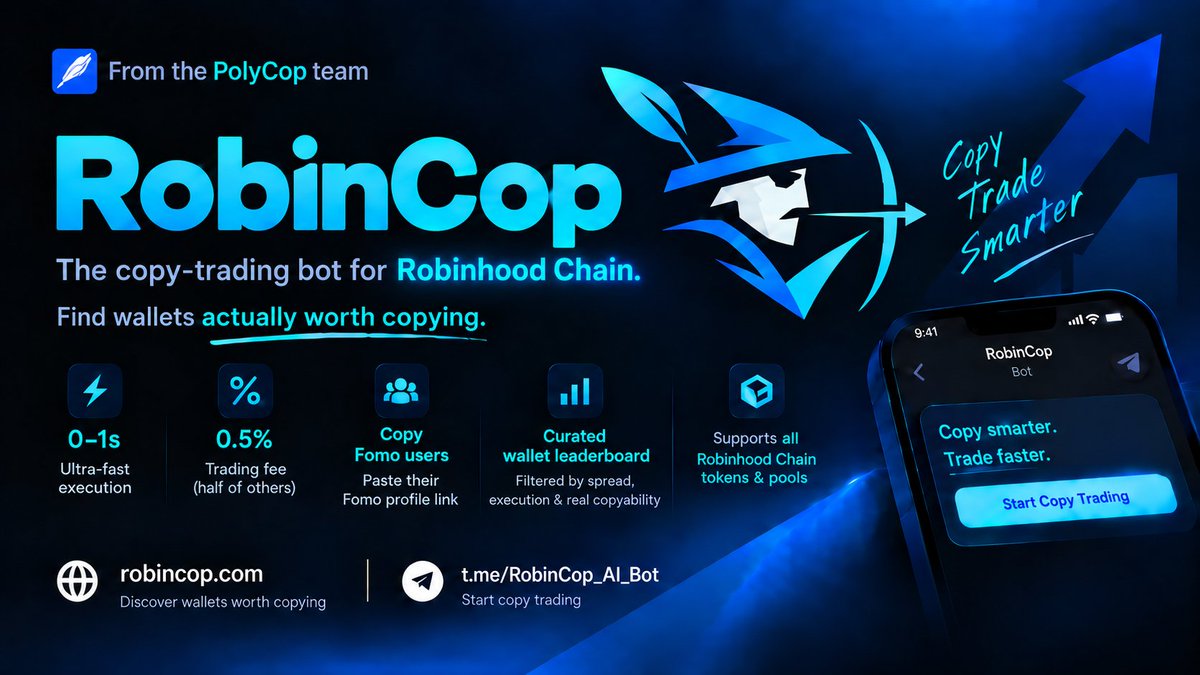 PolyCop_Trader's tweet photo. 🚀 RobinCop Bot is now live! - New from the PolyCop Team

The fastest copy-trading bot built for Robinhood Chain.

⚡ 0–1s copy execution
🔎 Find wallets actually worth copying — filtered by spread, execution conditions, and real copyability
💸 Only 0.5% fee — half the fee of other platforms
🔗 Copy Fomo users by simply pasting their profile link
🌐 Supports Robinhood Chain pools and tokens

Discover wallets:
https://t.co/6wCHQSNtJF

Start copying:
https://t.co/XRc436ZBdi