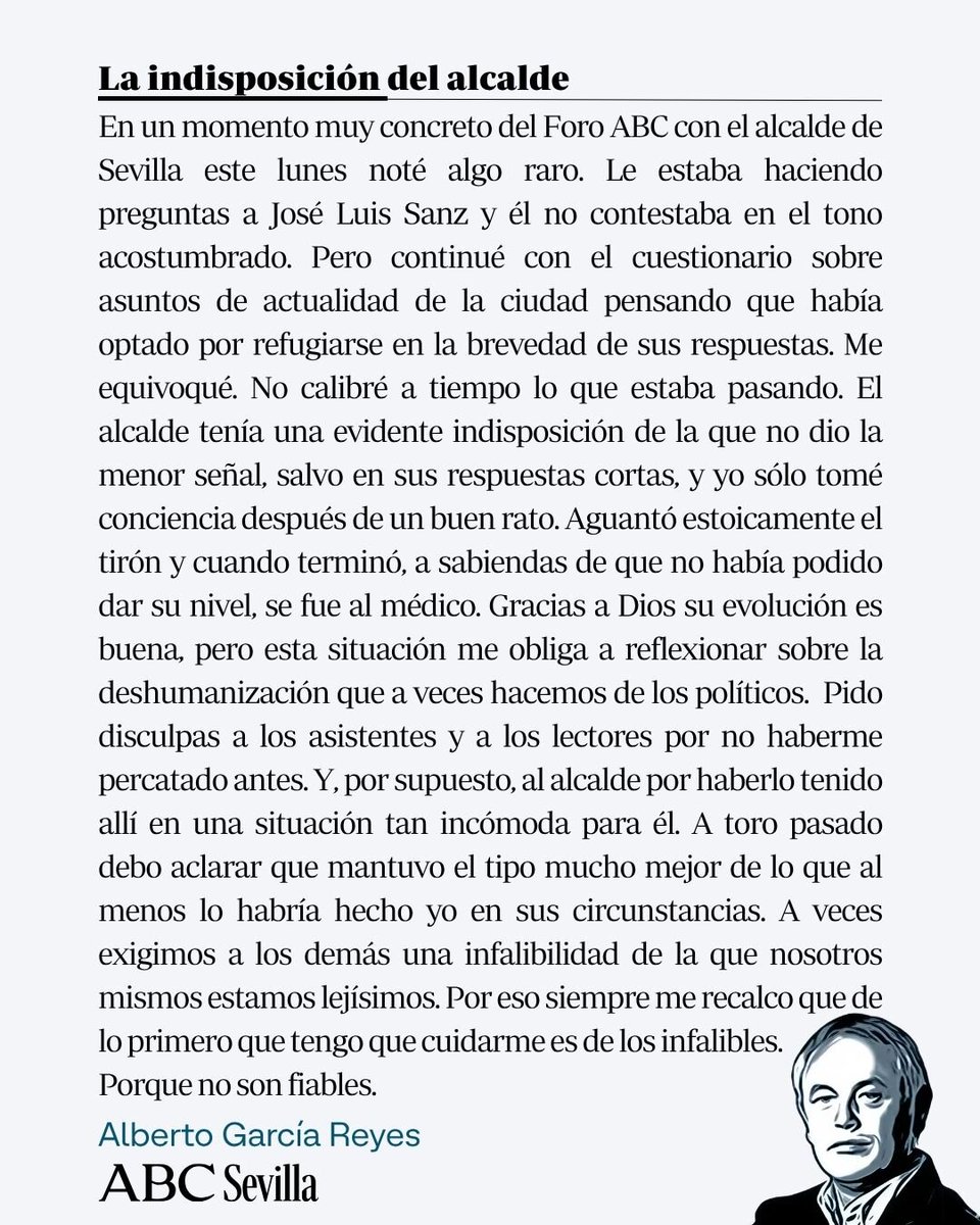 abcdesevilla's tweet photo. ✍️ La indisposición del alcalde

Los políticos tienen los mismos problemas que cualquiera más los problemas públicos, es decir, ellos tienen que cuidarse a sí mismos para poder cuidar a todos

📝 Alberto García Reyes

🔗 https://t.co/BZZ0VUc3tR https://t.co/3jhrdzpkVi