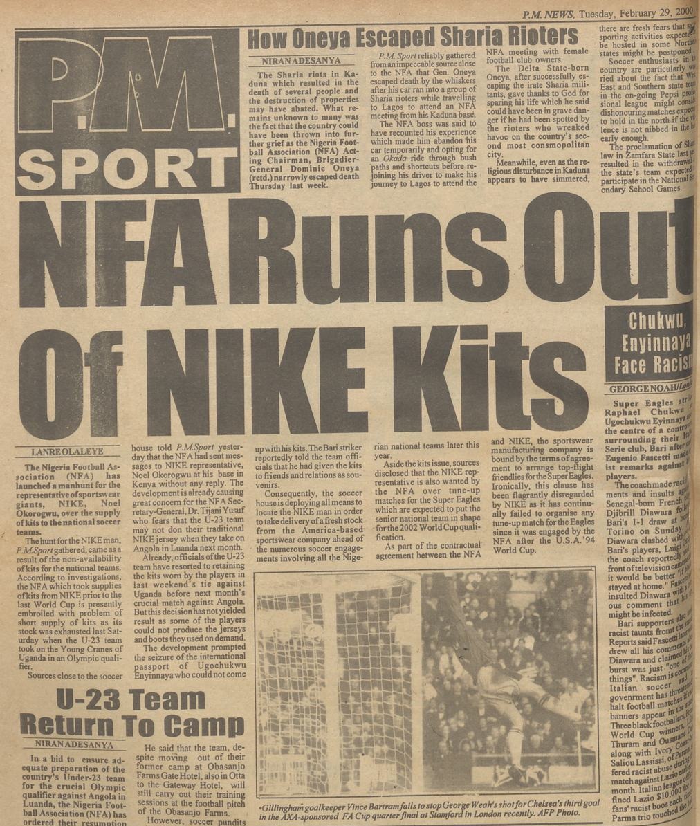 StartArchiving's tweet photo. In 2000, the Nigeria Football Association (NFA) was so short of kits for the national teams that it resorted to seizing a player’s passport.

After the U-23 team played against Uganda, NFA officials asked players to return their used kits ahead of another match the following month. Some players, however, could not produce theirs.

Ugochukwu Enyinnaya told team officials he had given his kits to friends and family as souvenirs. The NFA responded by confiscating his international passport.

Source: P.M. News