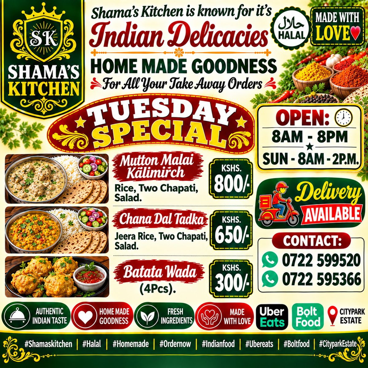 shamaskitchen17's tweet photo. This Weeks Special Tuesday.
Order now to ensure you don't miss out on this flavorful offer.
Call/Whatsapp on 0722-599-520, 0722 595 366 For all Your Take Away Order.
#shamaskitchen #deliciousfood #foodgasm #ordernow #indianfood nairobi cityparkestate homemadefood followme https://t.co/A4htlC7Rxs