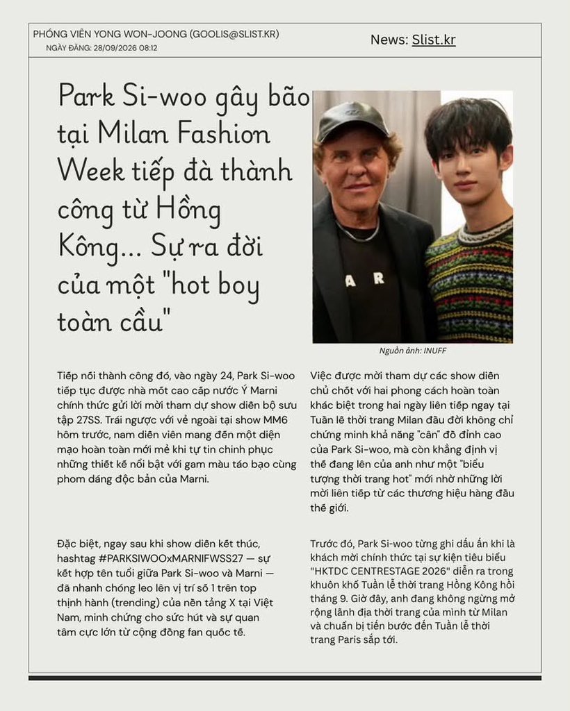 seeusiwoo321's tweet photo. “Previously, in September, during Hong Kong Fashion Week, Park Si-woo was officially invited to attend “HKTDC CENTRESTAGE 2026,” one of the region’s prominent fashion events. He subsequently expanded his activities to Milan Fashion Week and is now set to attend the upcoming Paris Fashion Week.”
Cre: https://t.co/IbQxLDNPJ5

PARK SIWOO PFW
#PARKSIWOO 
#박시우 
#ParisFashionWeek￼