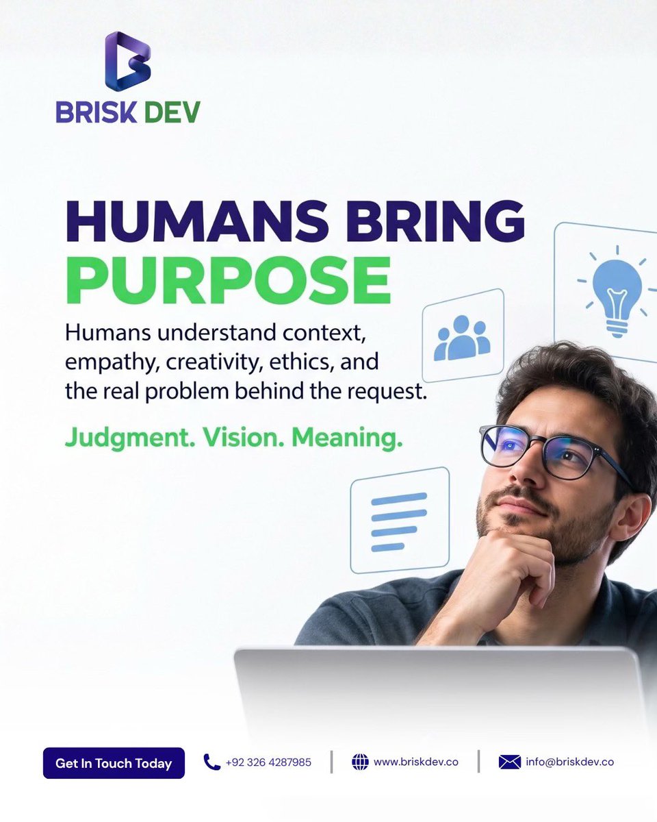briskdevtech's tweet photo. AI won’t replace great people.
But people who know how to use AI will move faster than those who don’t.
🌐 https://t.co/xxkOjKZZRn
✉️ info@briskdev.co
📞 +92 326 4287985
#ArtificialIntelligence #HumanCenteredAI #AIInnovation #AIAutomation #AIProductDevelopment https://t.co/57c76AIynu