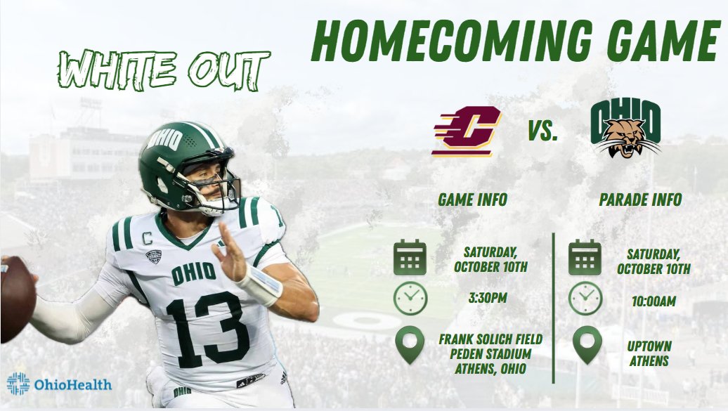 SpencerTitus4's tweet photo. Homecoming in Athens 🏈💚
The Bobcats are back at Peden Stadium to take on Central Michigan! Fans wear GREEN, students wear WHITE. Be there early and bring the energy!
📅 Oct. 10 | ⏰ 3:30 PM
 @OhioFootball 
#OUohyeah
@CMU_Football https://t.co/13NNVjvF6V