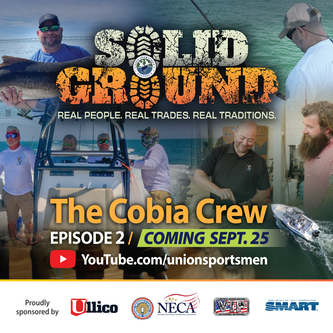 IBEW's tweet photo. Episode 2 of Solid Ground is now live! It follows Insulators International Vice President Brian Cavey, his cousin Jamey and Brian's 81-year-old father as they chase cobia on the Chesapeake Bay. https://t.co/fP38pHXmKK @UnionSportsmen https://t.co/hoVB78oQIq