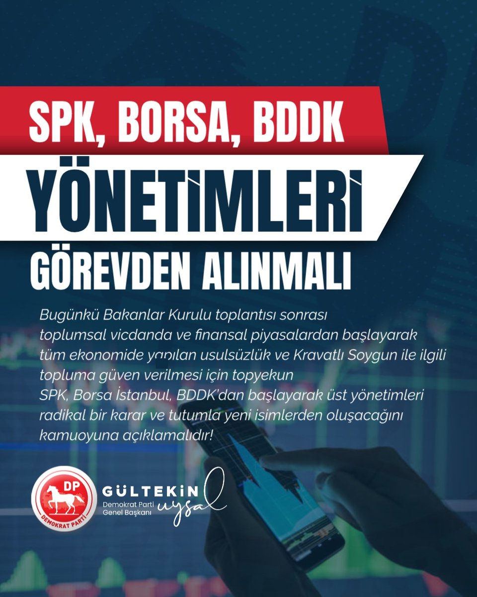 DpGultekinUysal's tweet photo. Bugün Bakanlar Kurulu toplanıyor ve iki ana gündem maddesinden biri ‘fon krizi’ denen ‘kravatlı soygun’ meselesi.

Birileri sistemi düzenleyen, denetlemesi gereken, ‘hakem’ vasfındaki kuruluşlardaki bağlantılarını kullanarak içeriden (inside) bilgi alıyor, vatandaşın rızkını kimi hisselerde topluyor, sonra içeriden aldığı bilgi ile bu hisseleri satıp (trade) vatandaşın helal rızkını kendine trasnfer ediyor. 

Bakıyorsunuz işin içinde bir bakan yardımcısı, BDDK yetkilileri, SPK yetkilileri ile sıhri ilişkileri olan isimler, üst düzey bürokratlar var.

19 Ağustos'ta Cumhuriyet Başsavcılığının SPK'ya yazdıığı yazıdan haberdar olarak paraların çıktığı ortada.

Siyasi, bürokratik sistemde oluşan ahbap-çavuş ilişkilerinin sebebiyet verdiği bir yozlaşma ve güvenlik açığı çok net!!!

AKP Genel Başkanı ve Cumhurbaşkanı Erdoğan bugünkü Bakanlar Kurulu toplantısı sonrası toplumsal vicdanda ve finansal piyasalardan başlayarak tüm ekonomide yapılan usulsüzlük ve Kravatlı Soygun ile ilgili topluma güven verilmesi için topyekun SPK, Borsa İstanbul, BDDK’dan başlayarak üst yönetimleri radikal bir karar ve tutumla yeni isimlerden oluşacağını kamuoyuna açıklamalıdır!!!