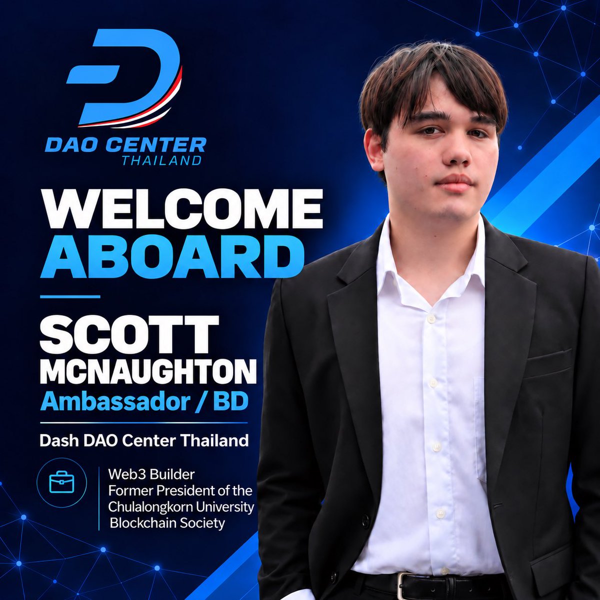 DashDao_TH's tweet photo. Welcome aboard, Scott McNaughton.

We’re excited to welcome Scott McNaughton as Ambassador / BD at Dash DAO Center Thailand.

As a Web3 Builder and former President of the Chulalongkorn University Blockchain Society.

#Dash #DashPay #DashDaoTH #DashDaoCenter https://t.co/V4q1asykLZ