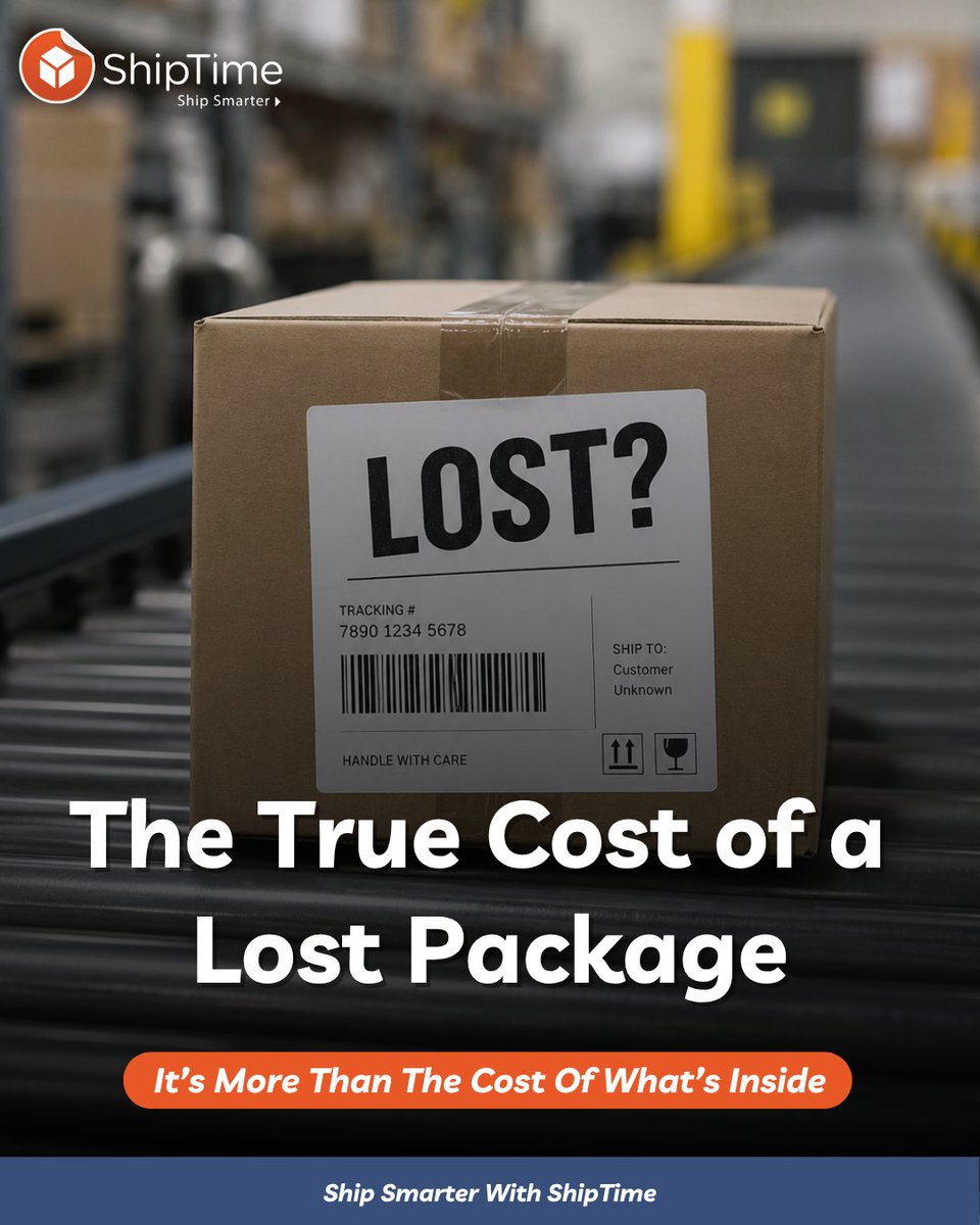 ShipTime's tweet photo. A lost package costs more than what’s inside 📦❌

There’s the replacement, reshipping, support time, and a customer left waiting.

The package has a price tag. Customer trust is harder to replace.

Protect more. Ship Smarter with ShipTime. https://t.co/qDfVverCvD