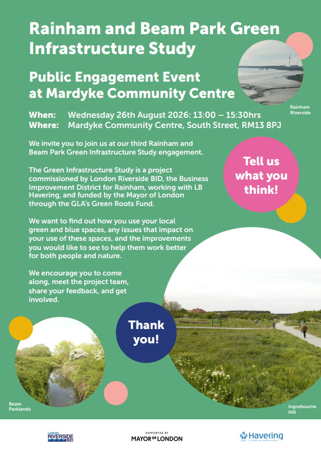 LBofHavering's tweet photo. Have your say on the Green Infrastructure Study for Rainham and Beam Park 🌳 

Tell us how you use local green and blue spaces, any issues you face and what improvements you’d like to see. 

Consultation closes 4 October: https://t.co/p8RIDij5hy https://t.co/wxe2LdAVCx