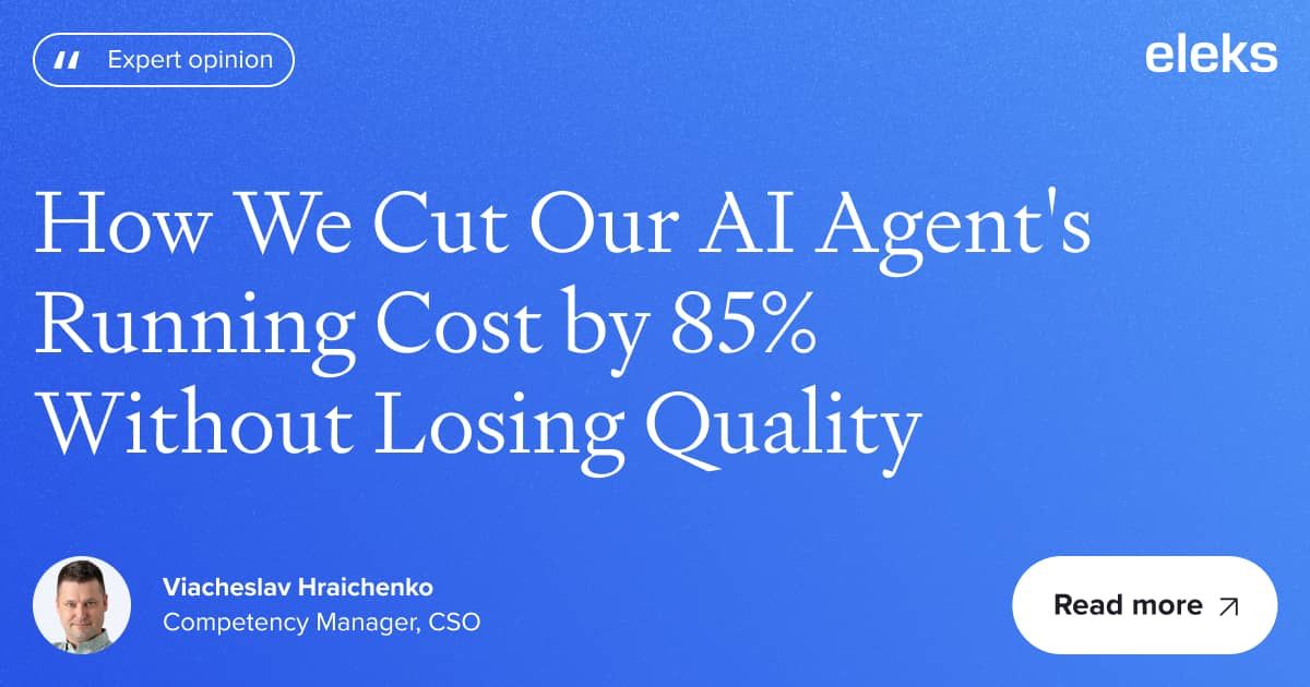 ELEKSSoftware's tweet photo. We cut our AI agent's cost by 85% while improving quality.

Viacheslav Hraichenko shares how we did it by running Devin, Cognition's autonomous AI engineer, on real monitoring incidents. Here's what changed over five months:  https://t.co/nBsq4OGzcy 

#AI #AIAgents #Devin https://t.co/xpPPG58saO