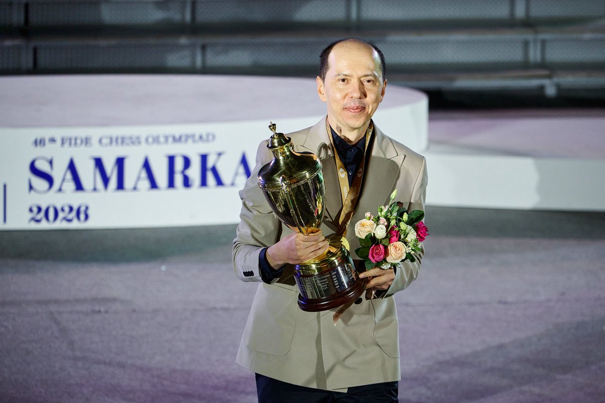 ChessbaseIndia's tweet photo. The man behind the success of Uzbekistan at the Chess Olympiad 2026 - former FIDE World Champion Rustam Kasimdzhanov! What Anand is to Chess in India, Rustam is to Chess in Uzbekistan.

Photo: FIDE/ Rafal Olekisiewicz https://t.co/5EHUnZsj1G